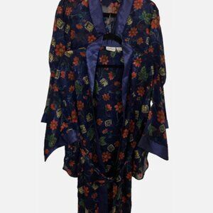VTG KATHRYN Navy Blue, Red, Green Floral SHEER SATIN Button Night Shirt w/Robe M
